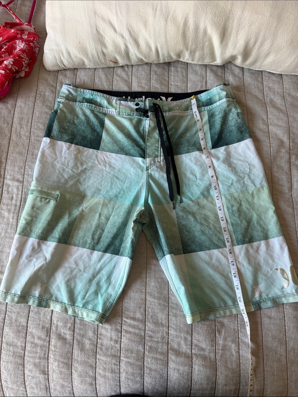 Hurley Green and White Block Stripe Swim Trunks